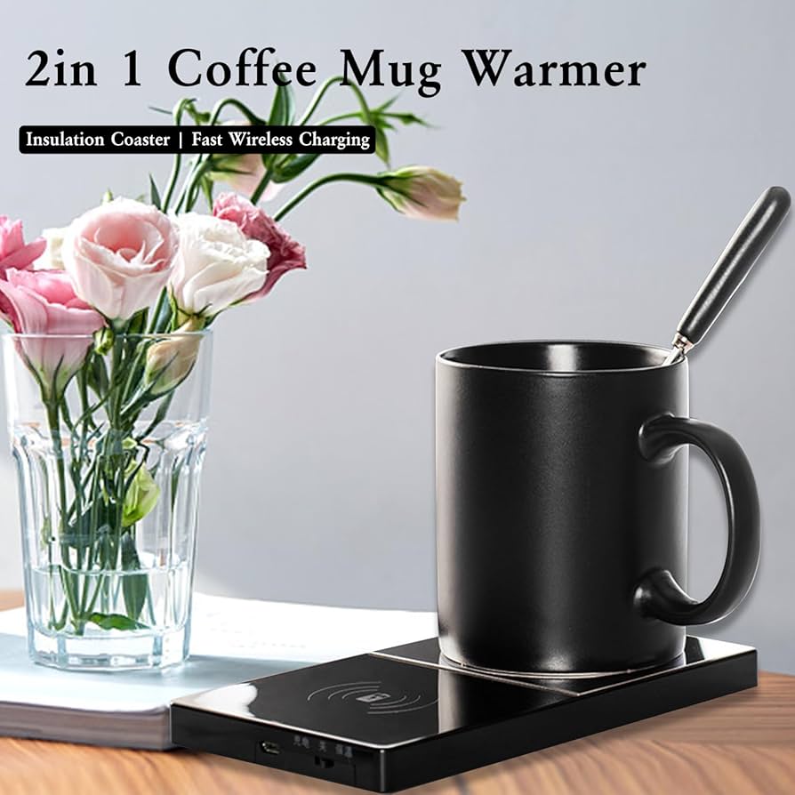 Coffee Mug Warmer, Smart Cup Warmer for Office Desk, Multifunction Electric Beverage Warmer Plate, 2 in 1 Wireless Charger, USB Heating Coaster Drink Warmer for Cocoa, Tea, Milk (Cup Not Included)